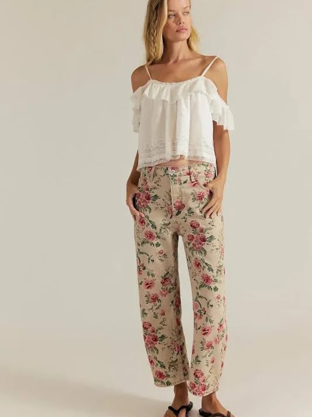 Free People Beige Floral Straight-Leg Jeans